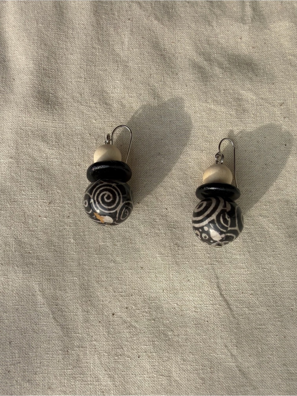 Handcrafted Black & Cream Swirl Bead Tribal Drop Earrings - Picture 2 of 2
